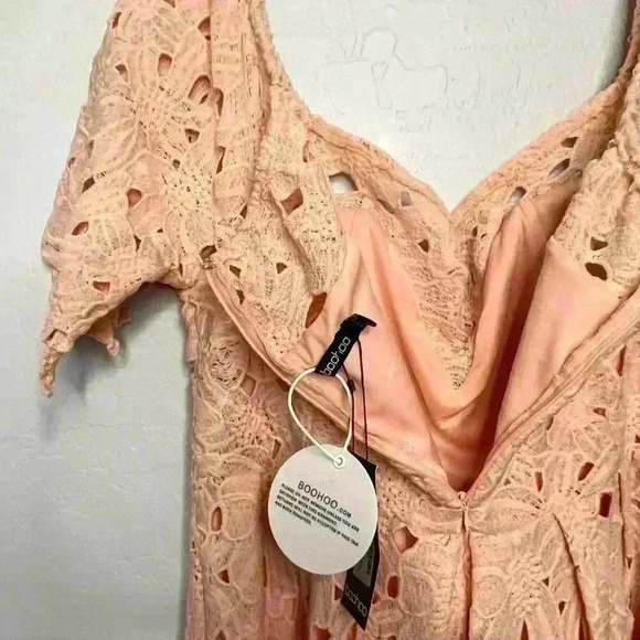 BOOHOO Boutique Off Shoulder Lace Skater Blush Dress NWT Size 14 - Picture 13 of 13